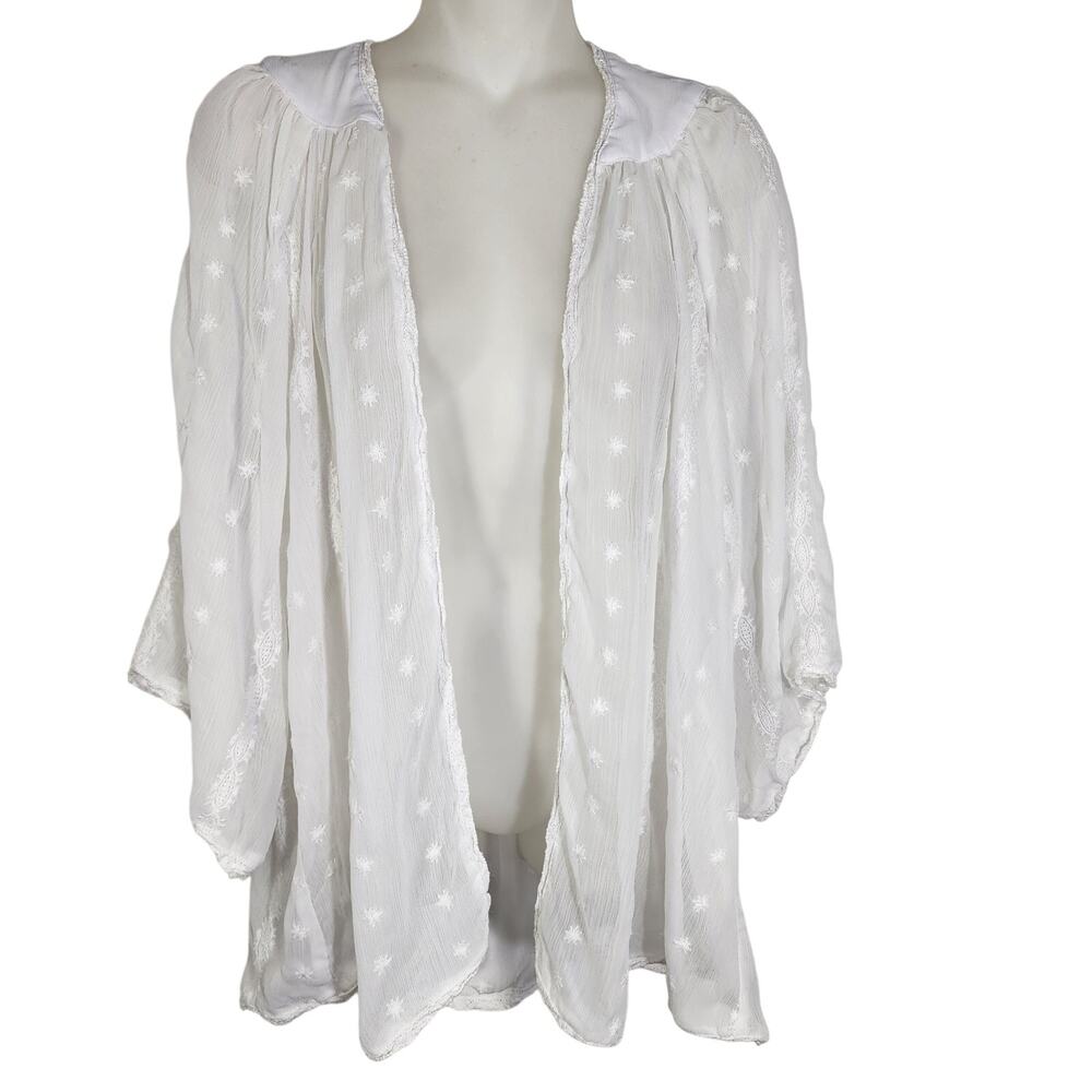Womens Sheer Cardigan Medium Embroidered Boho Romantic Festival Coastal Crochet